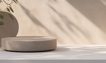 Blank beige curve concrete counter podium with texture, soft sunlight, leaf shadow on wall, gray...