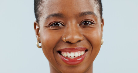 Happy black woman, portrait and face with teeth for dental hygiene isolated against a studio...