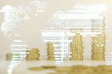 Multi exposure of abstract graphic world map on coins background, big data and networking concept