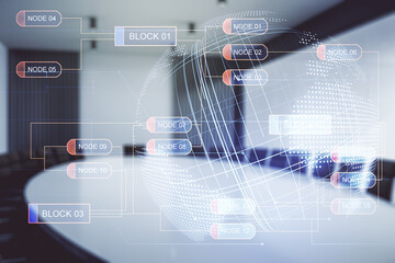 Abstract virtual coding concept and world map hologram on a modern conference room background. Multiexposure