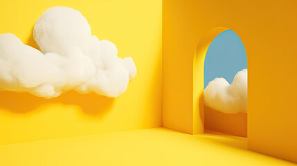 window and clouds, 3d render, abstract minimal yellow background with white clouds flying out the tunnel