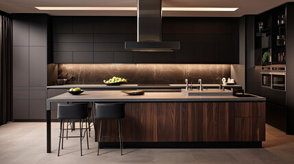 Dark and modern kitchen with black furniture, Huge space, floor-to-ceiling windows overlooking the forest