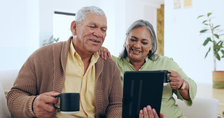 Home, tablet and old couple with video call, coffee and conversation with connection, online chatting or network. Apartment, elderly woman or senior man with technology, tea or break with digital app