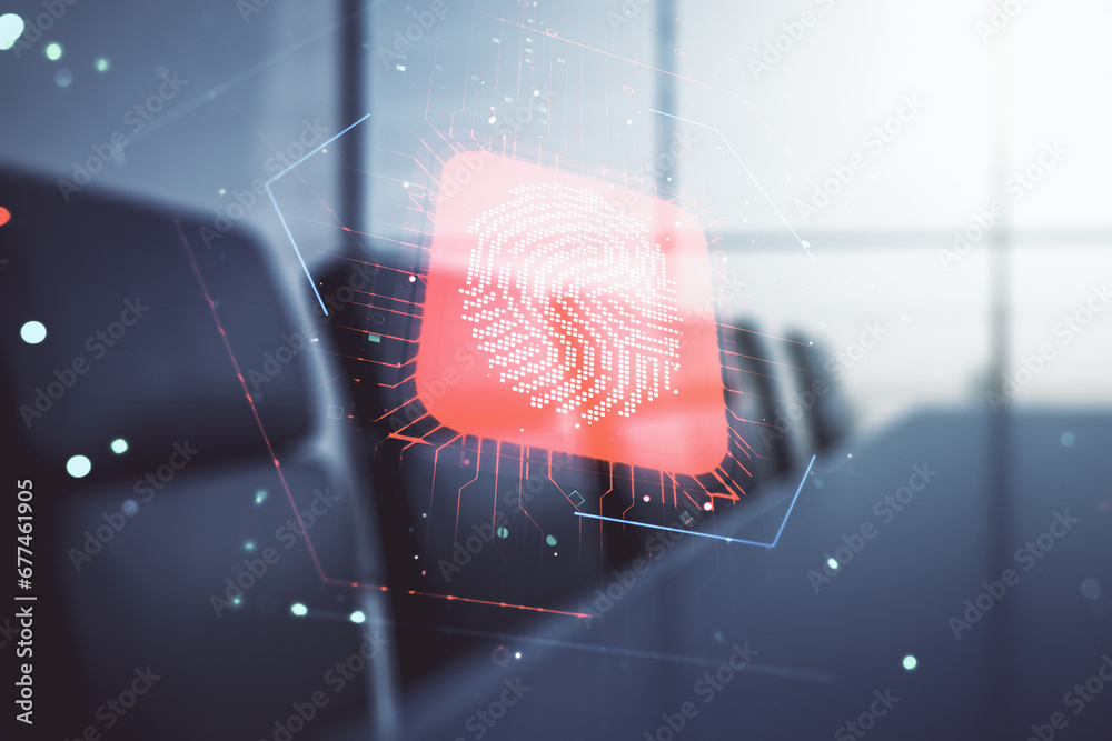 Poster multi exposure of virtual fingerprint scan interface on a modern furnished office interior backgroun