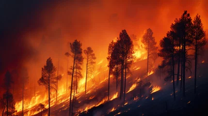 Foto op Plexiglas fire in the forest, Terrible forest fires, annual natural disasters. Forests are burning and all trees are on fire, trunks are charred, ground is scorched © Planetz