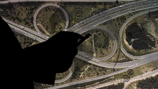 Intelligent Vehicles Cars Communicating Ai Logistic Autonomous Delivery Vehicles IoT GPS Tracking Satellite 5G Smart Roads Traffic Road Junction Interchange Motorway Triangulation Of Traffic Data