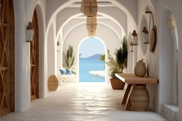 Interior design of greek island style entrance hall with arched doorway.  Generative AI - obrazy, fototapety, plakaty