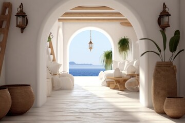 Interior design of greek island style entrance hall with arched doorway.  Generative AI