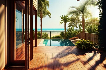 Serene Wooden Deck Overlooking the Sparkling Swimming Pool Generative AI