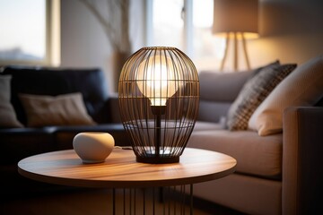 Wire table lamp on wooden coffee table. Interior design of modern living room. Generative AI - Powered by Adobe