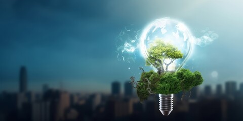Light bulb with green tree inside with energy resources icon. Electricity and energy saving concept. Sustainable development, ecology and environment protect, Earth day, Renewable energy,Generative AI