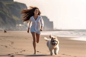 Young woman with long hair in summer clothes runs with dog on sand beach of clear clean sea under...