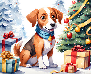 A little cute dog with many christmas gifts on winter season