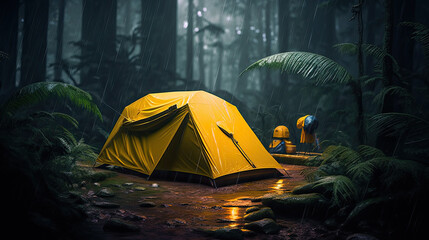 camping in the night, tent in the forest, rain on the tent in the forest,  - obrazy, fototapety, plakaty