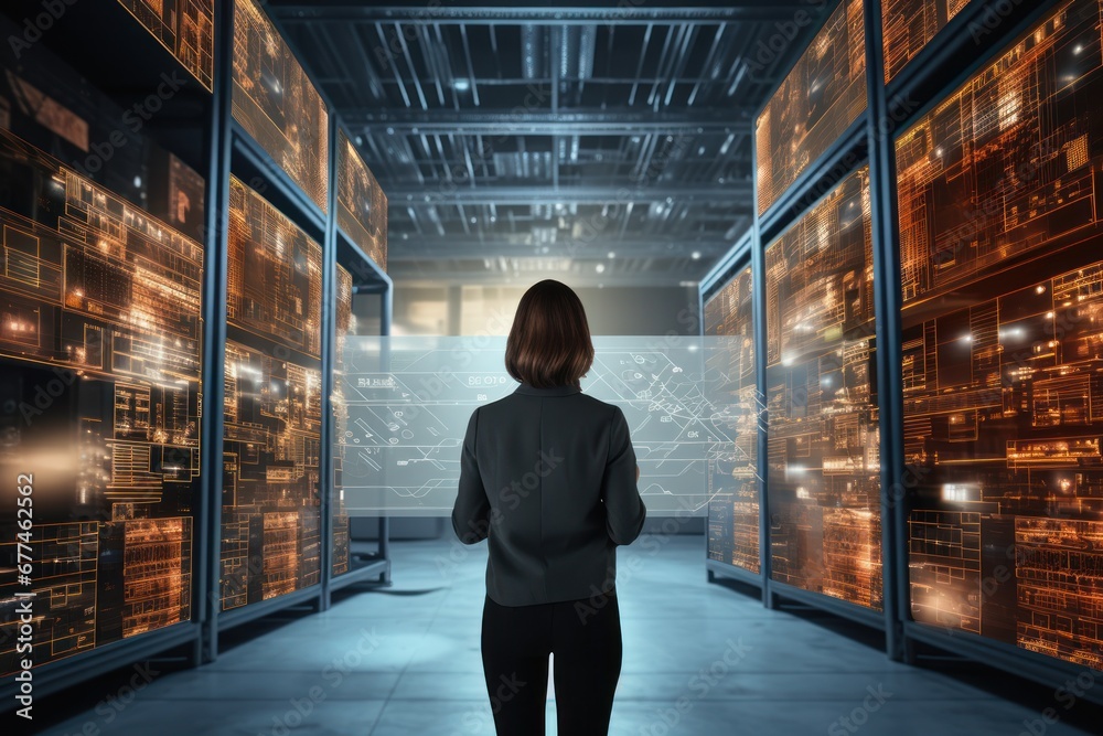Poster female technologist of large data center using laptop standing in warehouse, activating servers
