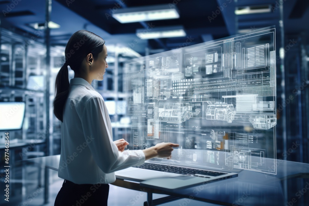 Poster female technologist of large data center using laptop standing in warehouse, activating servers