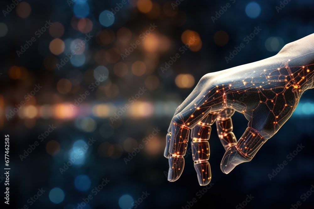 Poster robot hand and human touch in big data network connection, data exchange, artificial intelligence science and technology,