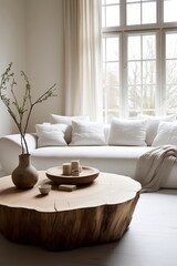 Live edge coffee table made from tree stump near white fabric sofa. Scandinavian interior design of modern living room. Generative AI