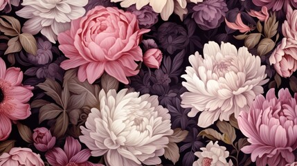 Flowers and plants. Classic seamless print of florals in a chic style. Peonies, roses, asters,...