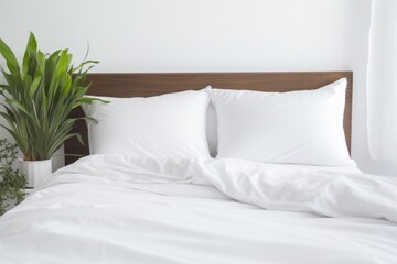 Fototapeta na wymiar White pillows mockup on the bed in the hotel bedroom. 
