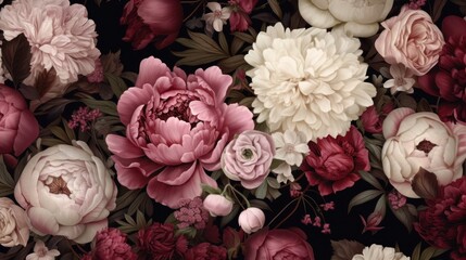 Flowers and plants. Classic seamless print of florals in a chic style. Peonies, roses, asters,...