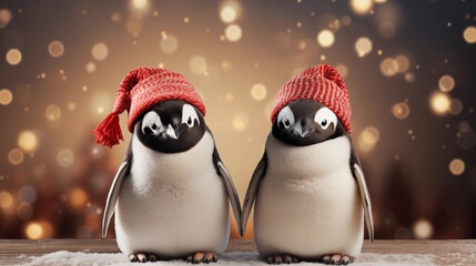 Festive and penguins in Santa Claus Attire for Christmas Celebration.Created with Generative AI technology.