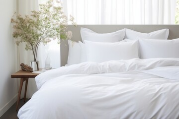 White pillows mockup on the bed in the hotel bedroom. 