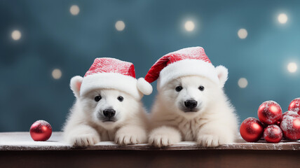Festive and White Bears in Santa Claus Attire for Christmas Celebration.Created with Generative AI technology.