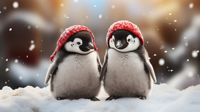 Festive and penguins in Santa Claus Attire for Christmas Celebration.Created with Generative AI technology.