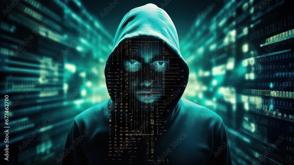 Poster Computer hacker silhouette of hooded man with binary data and network security terms computer crime, data