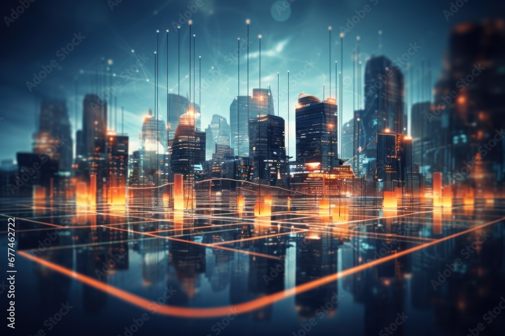 Poster Smart city and connectivity abstract polygon pattern with lights, speed lines, big data connectivity technology concept.