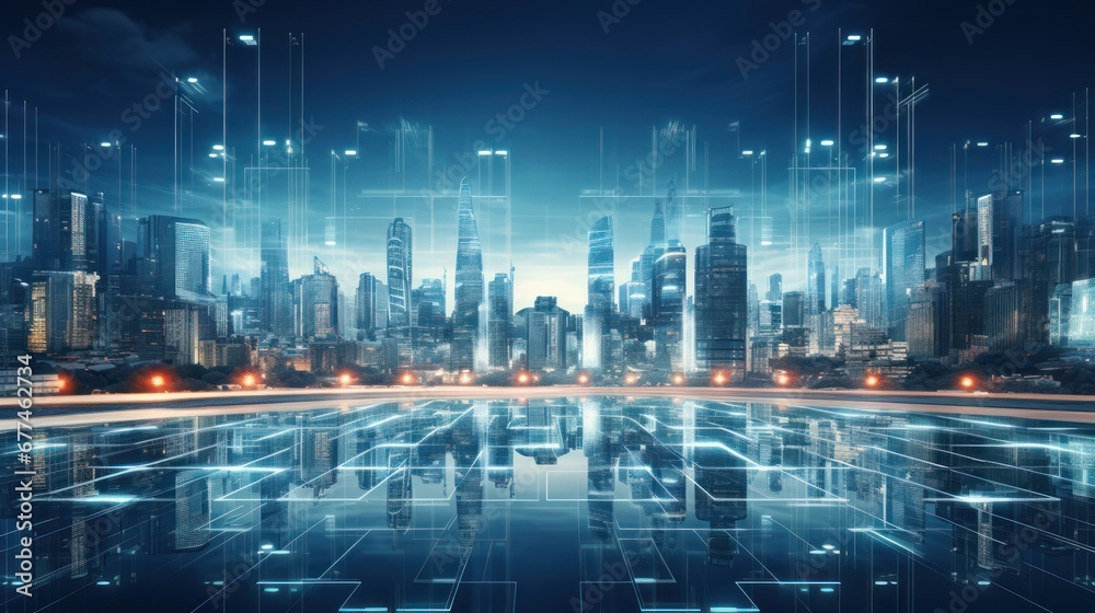 Poster Smart city and connectivity abstract polygon pattern with lights, speed lines, big data connectivity technology concept.