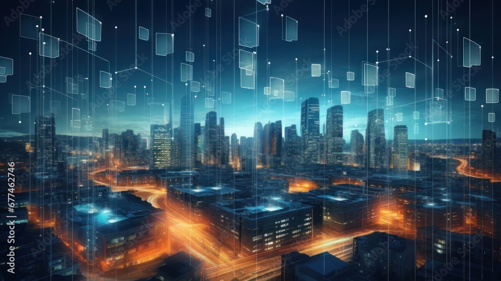 Fototapete smart city and connectivity abstract polygon pattern with lights, speed lines, big data connectivity