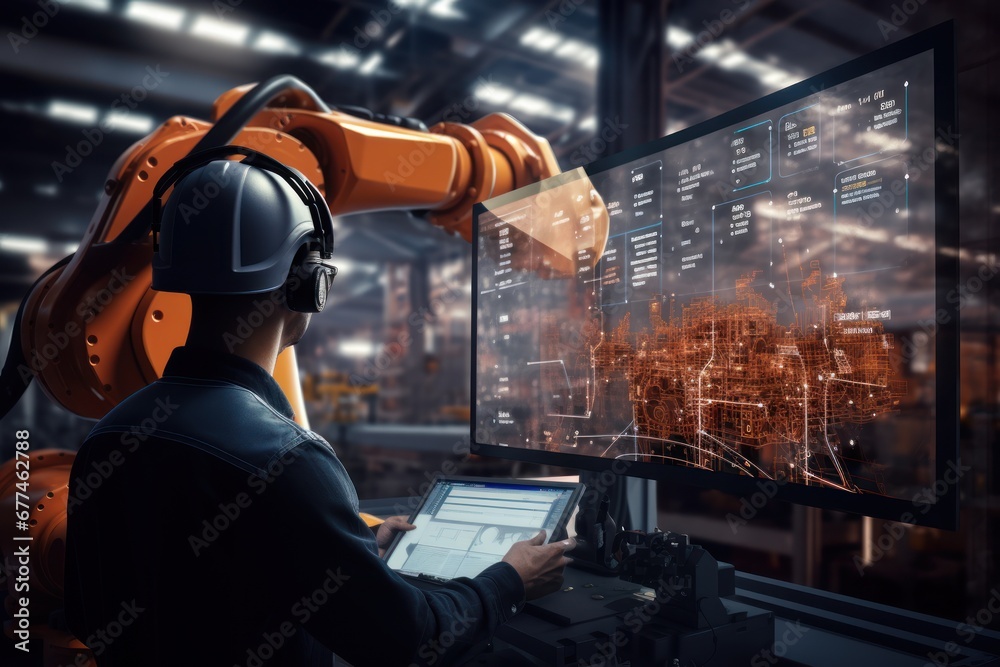 Poster Engineer manager automatically monitors and controls machine arm robots in intelligent factories in the system software, real-time monitoring of welding robots.