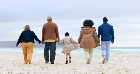 Happy family, walking or holding hands by beach, nature or support love to relax on calm holiday....