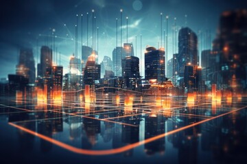 Smart city and connectivity abstract polygon pattern with lights, speed lines, big data connectivity technology concept. - obrazy, fototapety, plakaty