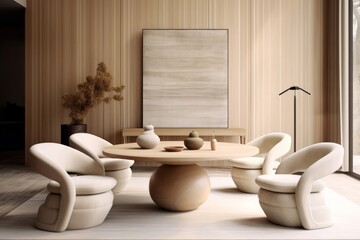Rustic round table and beige fabric chairs in spacious room with paneling wall. Scandinavian interior design of modern living room. Generative AI
