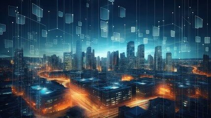 Obraz premium Smart city and connectivity abstract polygon pattern with lights, speed lines, big data connectivity technology concept.
