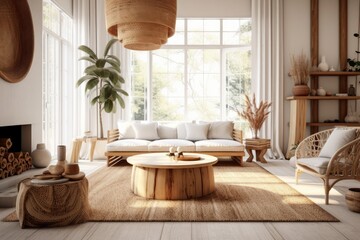 Boho interior design of modern living room with rustic furniture. Generative AI