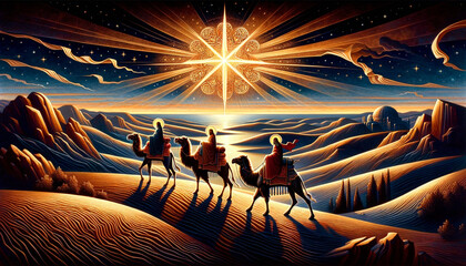 Desert Illumination: Magi Following the Bethlehem Star - obrazy, fototapety, plakaty