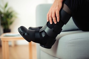 Injury man with black splint on leg sitting on the sofa at home. Ankle foot orthosis close-up, Generative AI