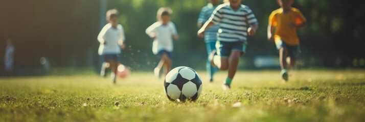 Kids soccer football - young children players match on soccer field. Banner.  - obrazy, fototapety, plakaty