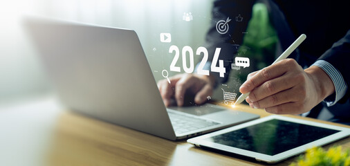 Digital Marketing Trends 2024, analytical businessman planning business growth 2024, strategy...