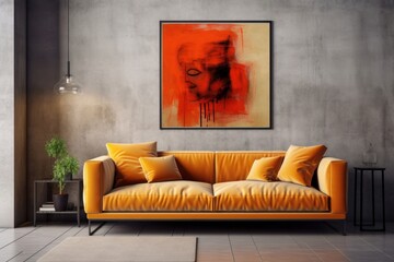 Vivid orange sofa and art poster on stucco wall. Interior design of modern loft living room. Generative AI