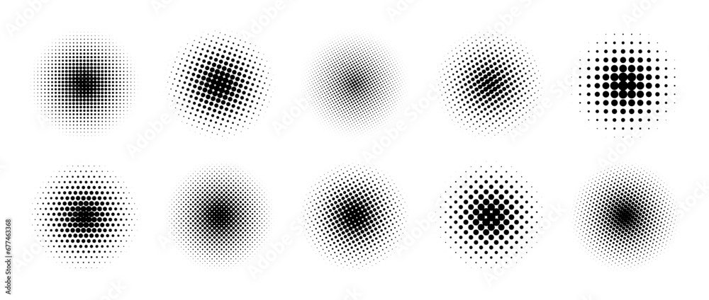 Poster halftone gradient circles collection. dots textured round patterns. cartoon comic radial faded backg