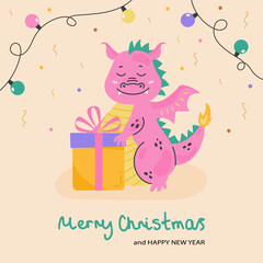 Fantasy cute dragon with gifts christmas card