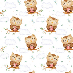Seamless watercolor hand drawn pattern with cute little owls on tree branch with cup of coffee for children and newborn fabric.