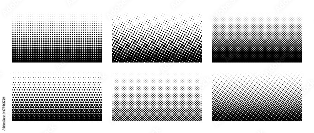 Poster set of horizontal halftone gradient backgrounds. cartoon dots texture wallpaper collection. black an