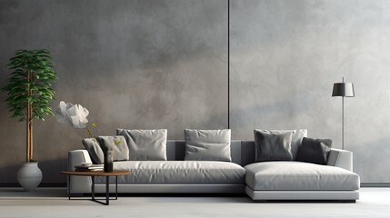 Gray velvet sofa near concrete paneling wall, Generative AI