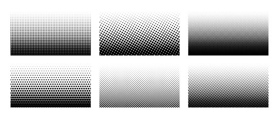 Set of horizontal halftone gradient backgrounds. Cartoon dots texture wallpaper collection. Black and white comic design cover pack for banner, poster, print. Pop art vector illustration bundle